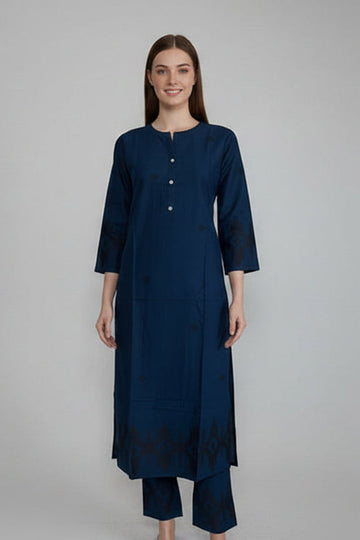 DEEP TEAL COTTON STRAIGHT KURTA SET WITH IKAT-INSPIRED EMBROIDERY