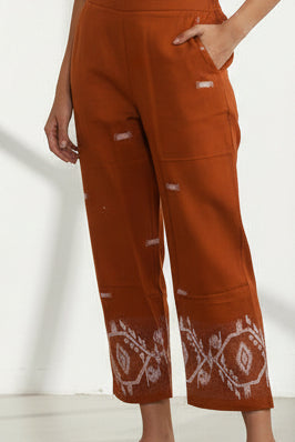 RUST ORANGE HANDLOOM CO-ORD SET WITH IKAT WEAVING