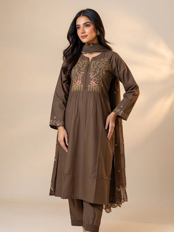 COCO BROWN COTTON EMBROIDERY 3PC KURTI SET