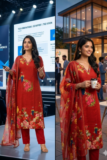 CHERRY RED MACAW PRINTED LINEN 3PC KURTI SET