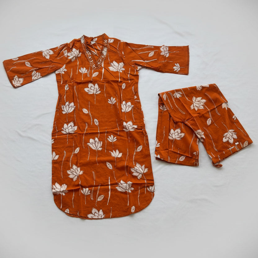 RUST ORANGE LOTUS PRINT COTTON CO-ORD SET