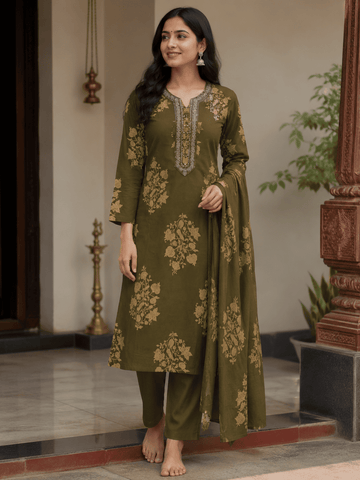 OLIVE GREEN FLORAL PRINT EMBROIDERY 3PC KURTI SET