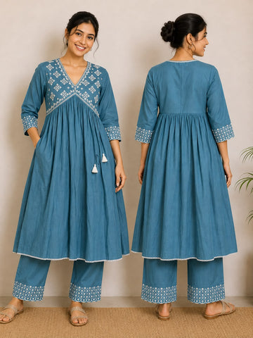LIGHT TEAL COTTON EMBROIDERY COORD SET