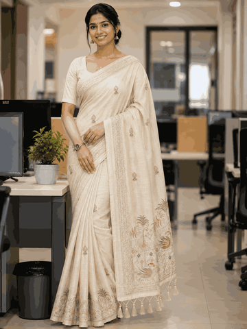 CREAM EMBROIDERY SAREE