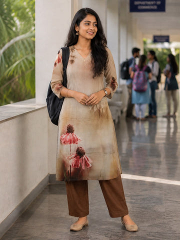 CREAM N BROWN V NECK EMBROIDERY
