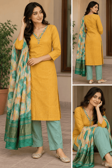 YELLOW N TEAL KURTI SET