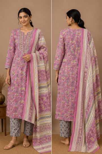 LAVENDER COTTON EMBROIDERRY 3PC KURTI SET