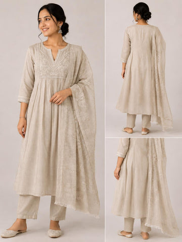 BIEGE JUTE EMBROIDERY 3PC KURTI SET