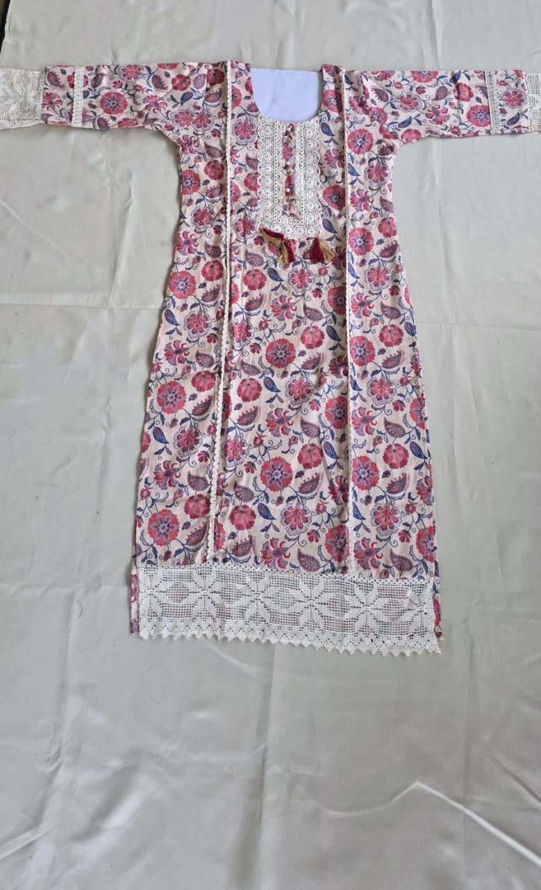 CREAM FLORAL COTTON 3PCKURTI SET