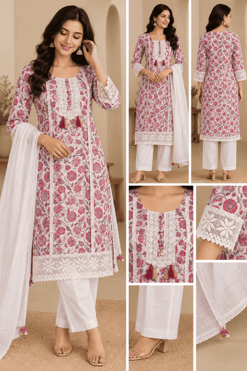 CREAM FLORAL COTTON 3PCKURTI SET