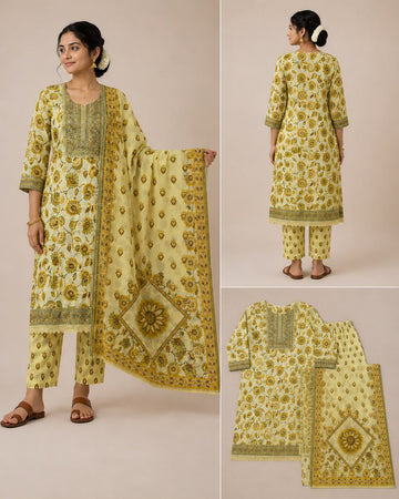 COTTON EMBROIDERY 3PC KURTI SET