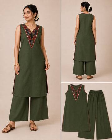 GREEN MIRROR COTTON 3PC KURTI SET