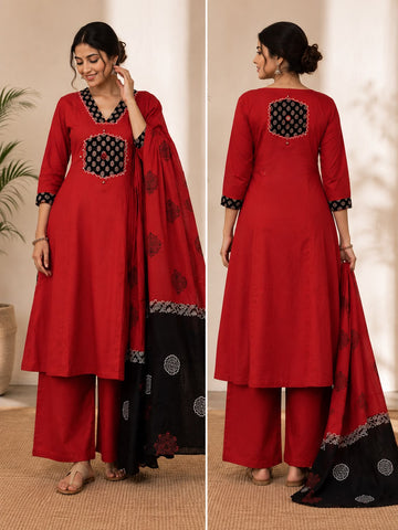 RED COTTON  3PC KURTI SET