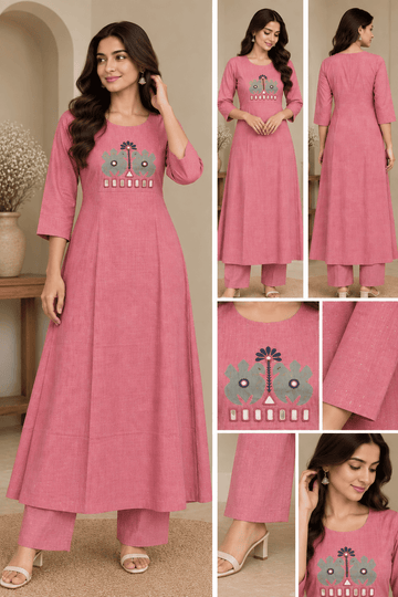 PINK COTTON EMBROIDERY 2PC KURTI SET