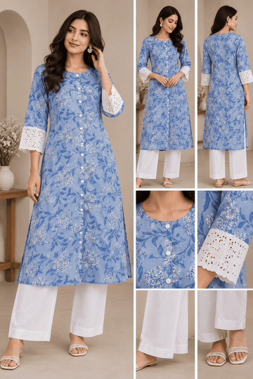 LIGHT BLUE FLORAL COTTON 2PC KURTI SET