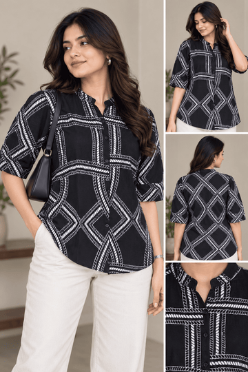 BLACK CRAPE GEOMETRIC SHORT TOP