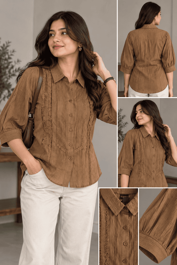 BROWN CRUSH LACED SHORT KURTI