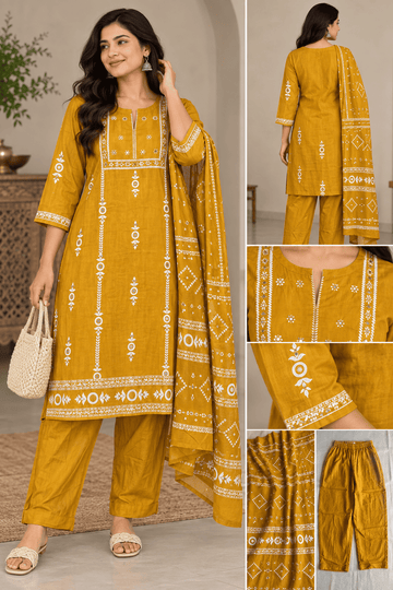 YELLOW EMBROIDERY COTTON 3PC KURTI SET