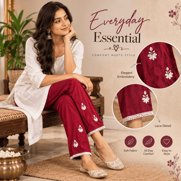 RED COTTON PANT WITH WHITE EMBROIDERY