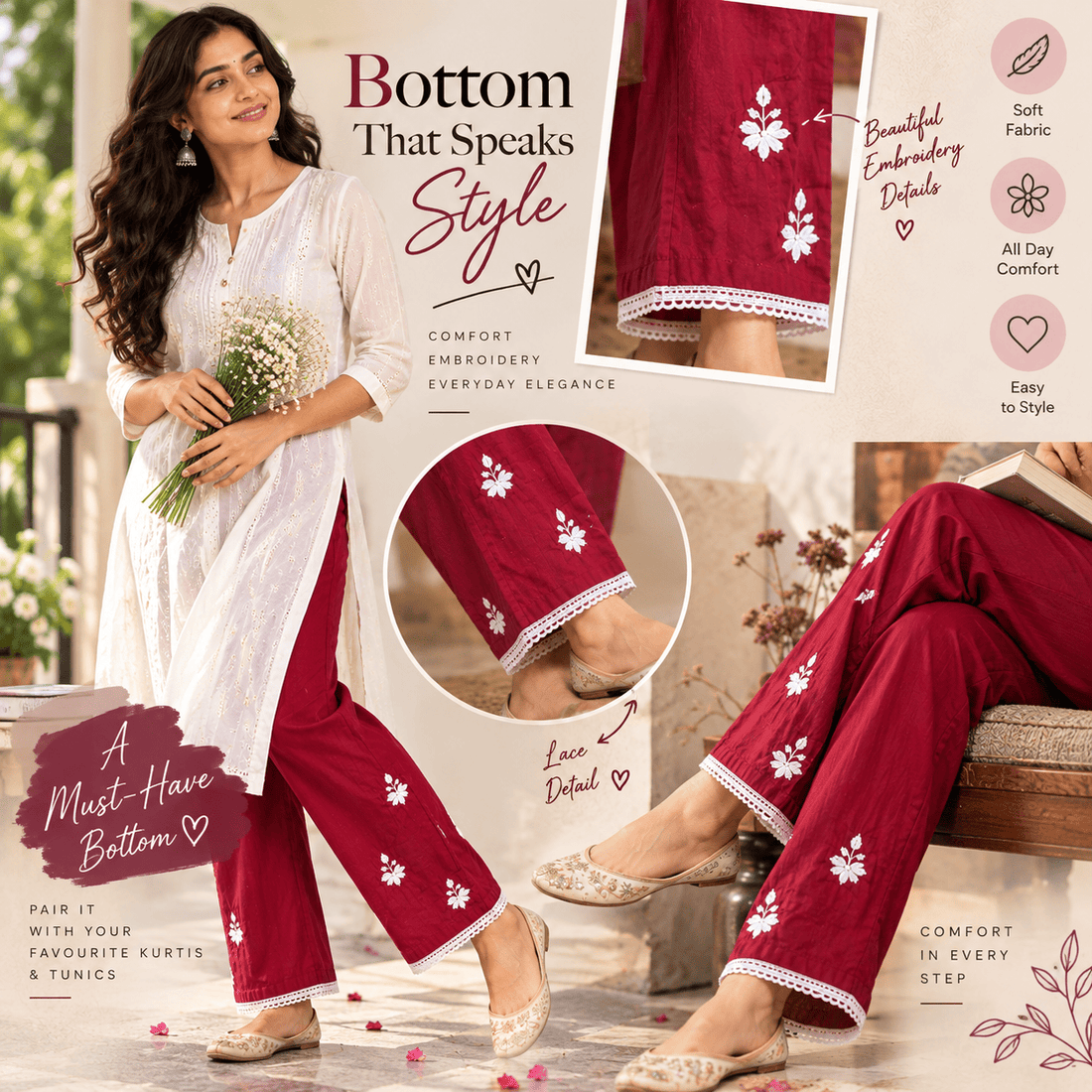 RED COTTON PANT WITH WHITE EMBROIDERY