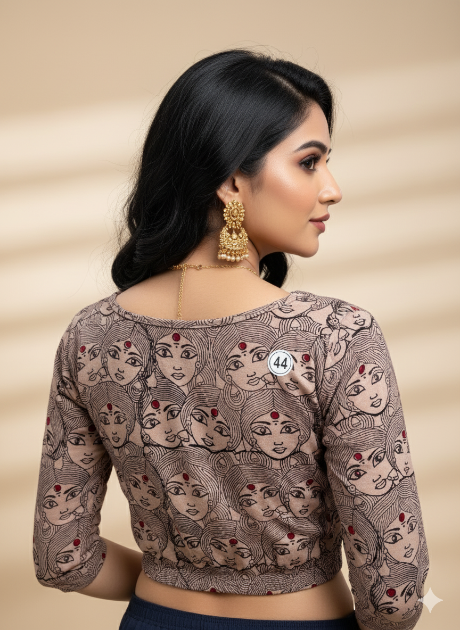 Metallic Gray Round Neck Cotton Stretchable Kalamkari Blouse