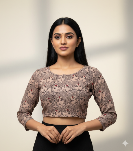 Metallic Gray Round Neck Cotton Stretchable Kalamkari Blouse