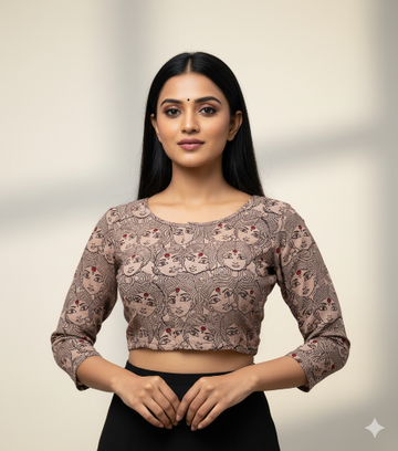 Metallic Gray Round Neck Cotton Stretchable Kalamkari Blouse