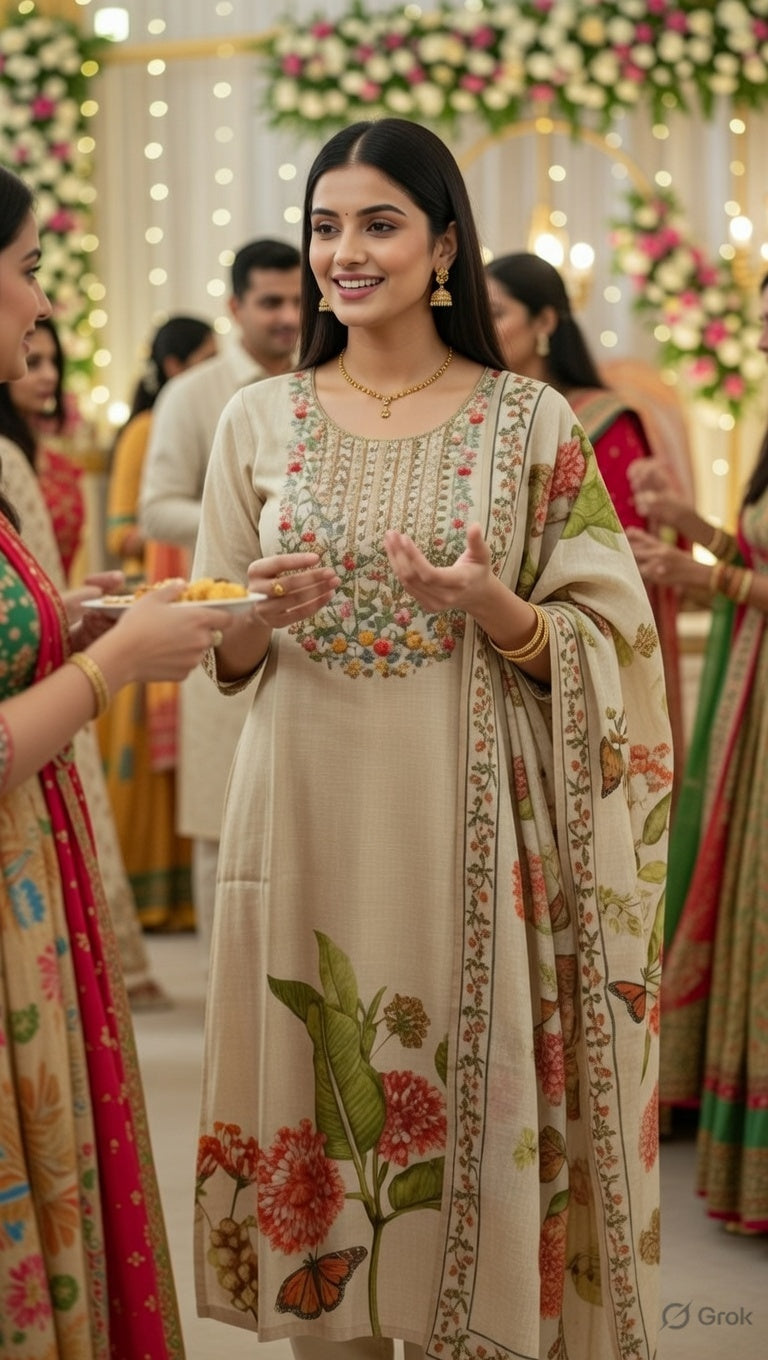 Light Cream Soft Linen Embroidery Three-Piece Kurti Set