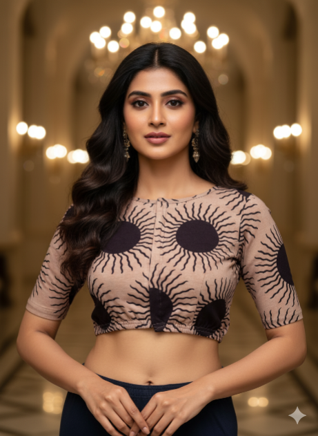 Champagne Beige Round Neck Cotton Stretchable Kalamkari Blouse