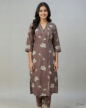 Muted Purple-Brown Lotus Print Cotton Co-ord Set