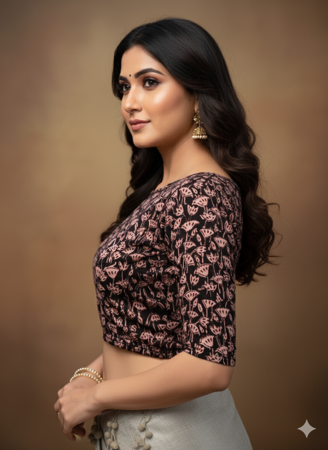Black Boat Neck Cotton Stretchable Kalamkari Blouse