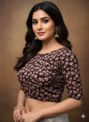 Black Boat Neck Cotton Stretchable Kalamkari Blouse
