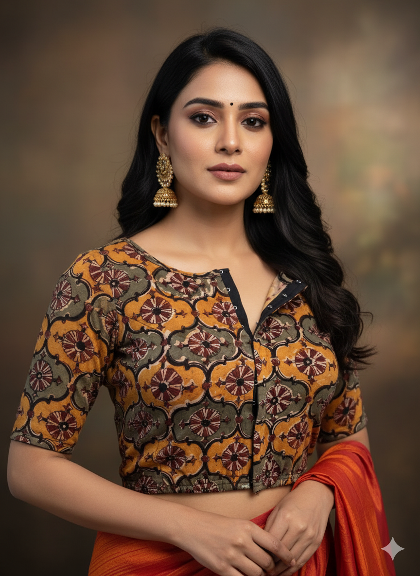 Yellow Round Neck Cotton Stretchable Kalamkari Blouse