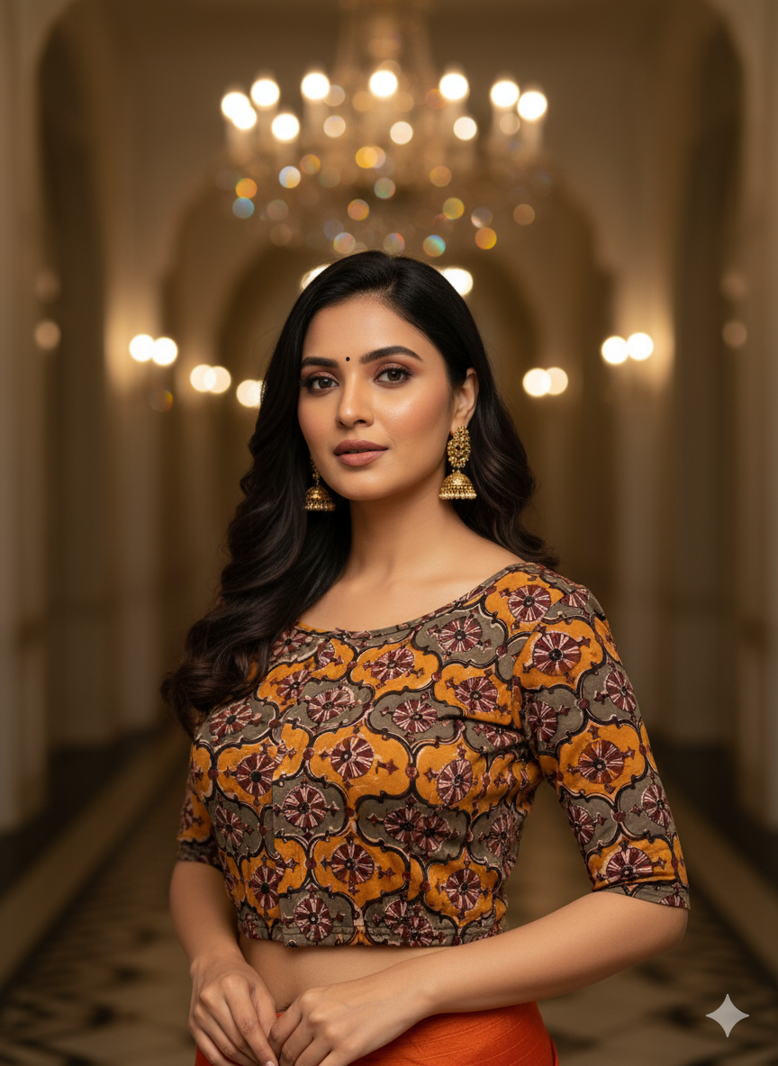 Yellow Round Neck Cotton Stretchable Kalamkari Blouse