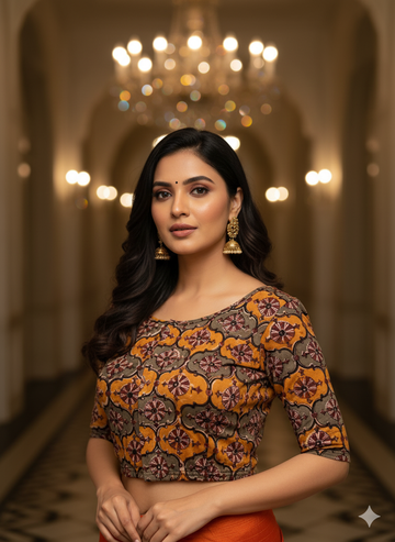 Yellow Round Neck Cotton Stretchable Kalamkari Blouse