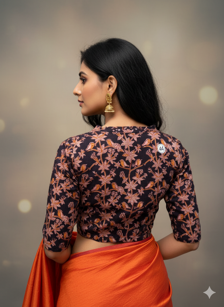 Midnight Black Round Neck Cotton Stretchable Kalamkari Blouse