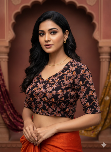 Midnight Black Round Neck Cotton Stretchable Kalamkari Blouse