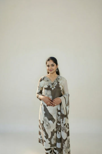 Half White & Mehandi Green Tissue Embroidery Three Piece Kurti Set