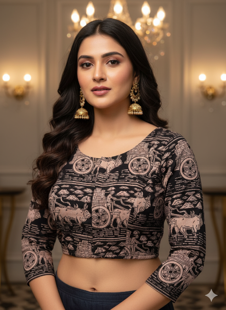 Crow Black Round Neck Cotton Stretchable Kalamkari Blouse