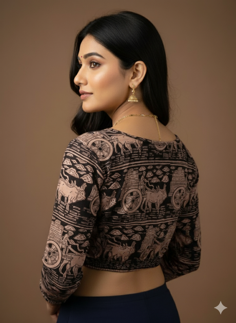 Crow Black Round Neck Cotton Stretchable Kalamkari Blouse