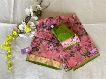 Blush Rose & Olive Green Digital-Print Kota Cotton Saree