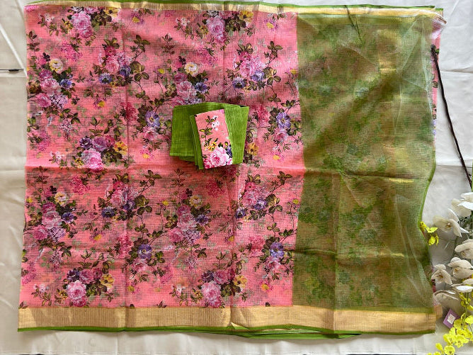 Blush Rose & Olive Green Digital-Print Kota Cotton Saree