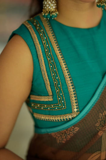 Teal Sleeveless Blouse with Golden Embellished Detailing