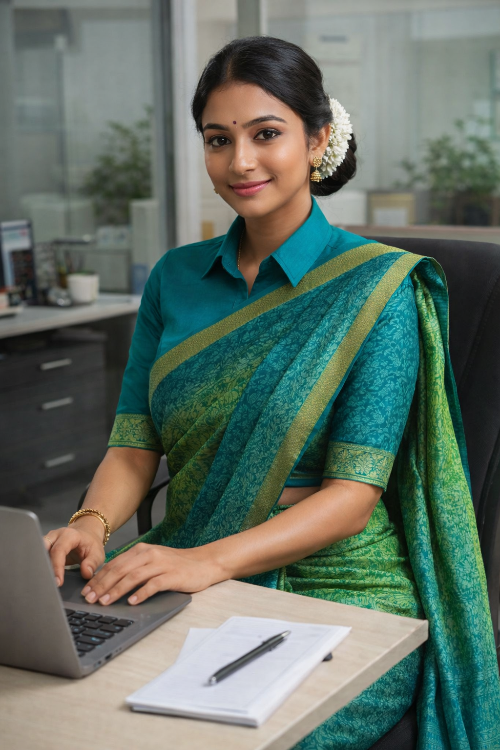 Teal & Leaf Green Block Print Kota Cotton Saree