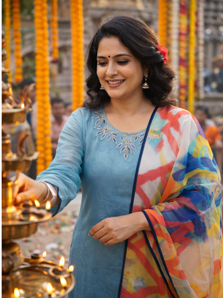 Blue Color Three Piece Kurti Set