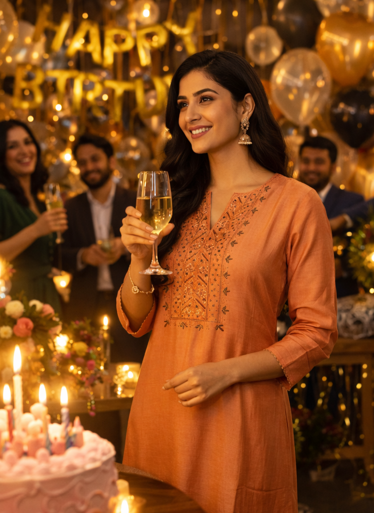 Peach Embroidered  Kurti
