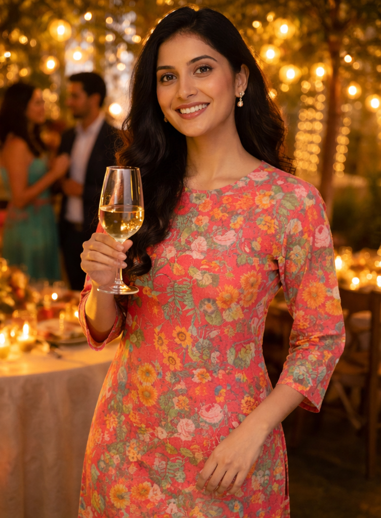 Tomato pink digital printed kurti set
