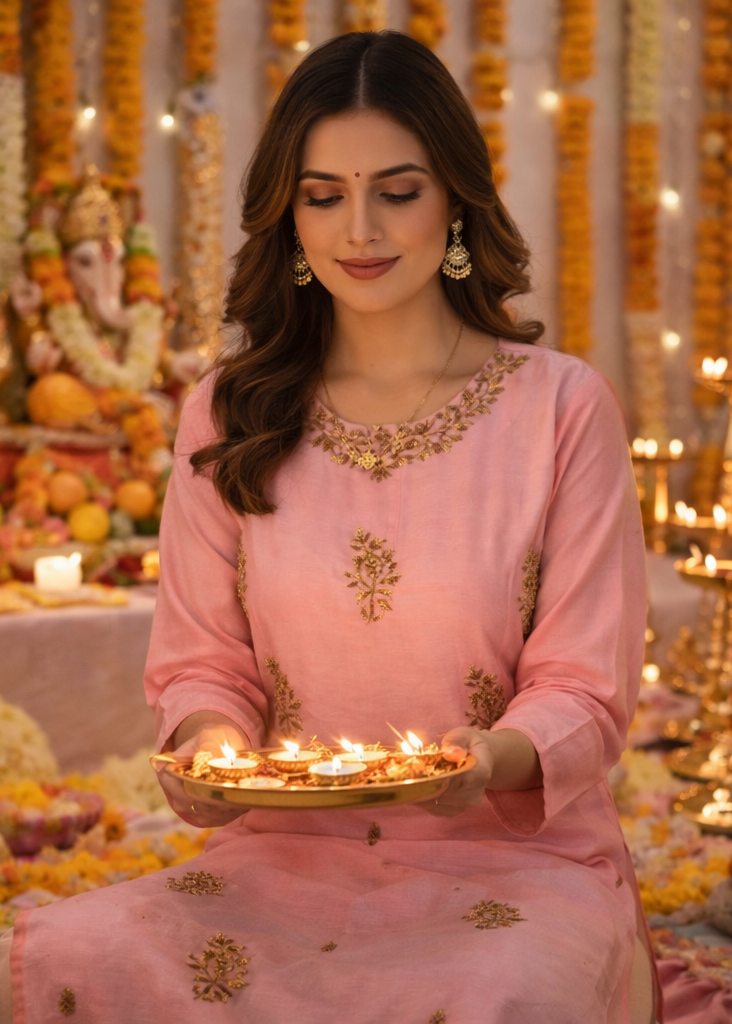 Blush Pink Silk-Blend Kurti with Gold Zardosi Embroidery