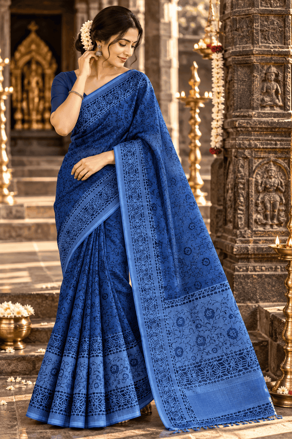 ROYAL BLUE DIGITAL-PRINT COTTON KOTA SAREE
