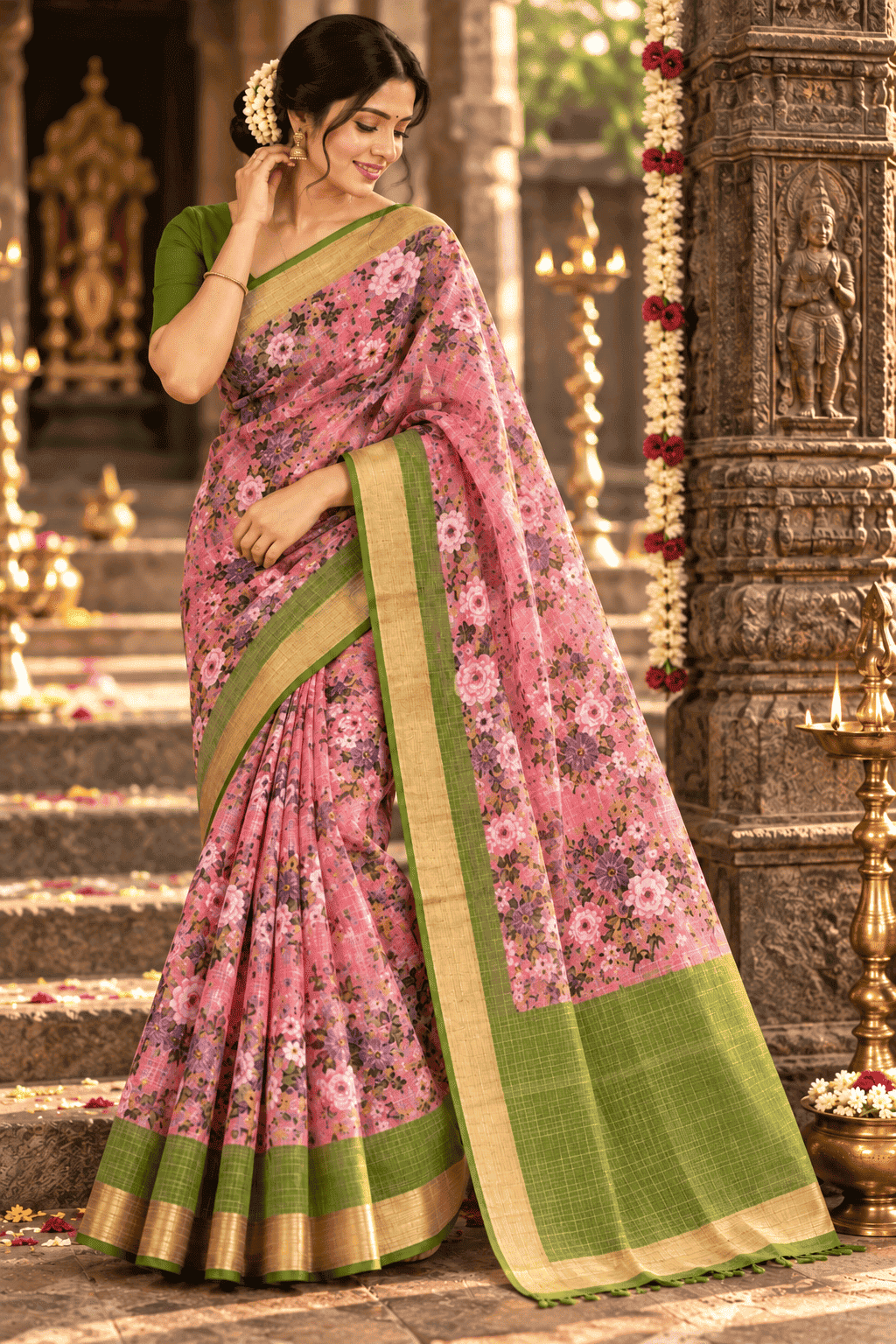 BLUSH ROSE & OLIVE GREEN DIGITAL-PRINT KOTA COTTON SAREE